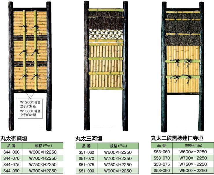 天然竹袖垣「丸太三河垣」